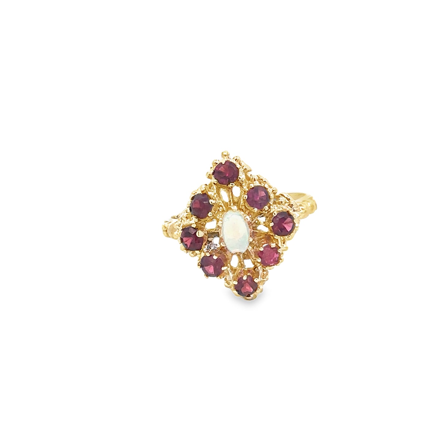 14kt yellow solid gold vintage opal and garnet ring