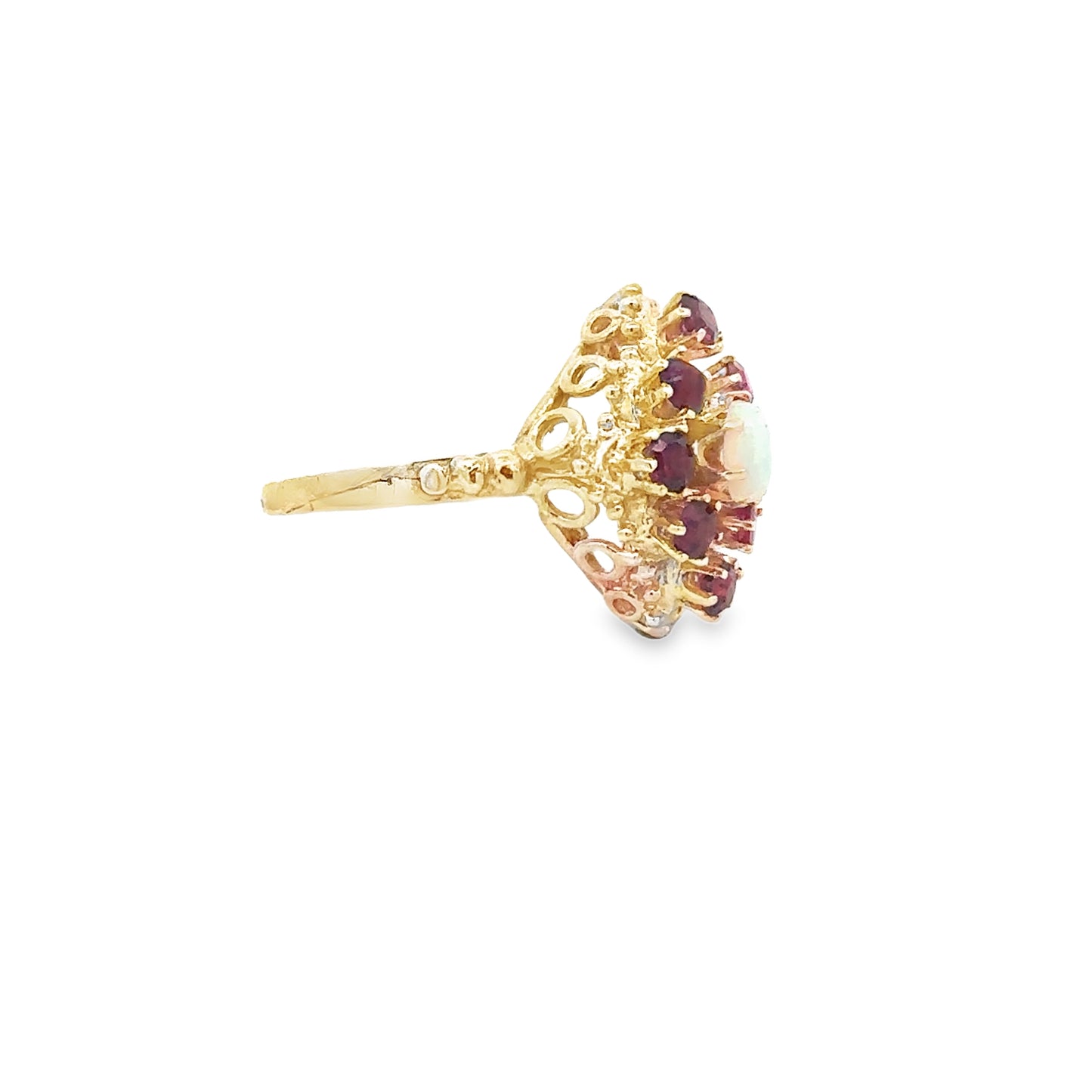 14kt yellow solid gold vintage opal and garnet ring