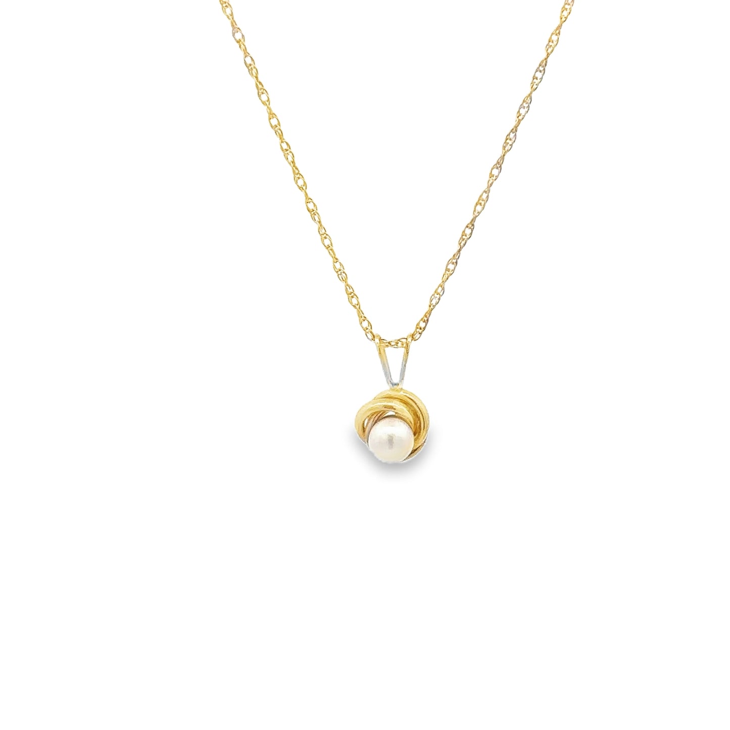 14kt yellow solid gold love knot Pearl pendant vintage