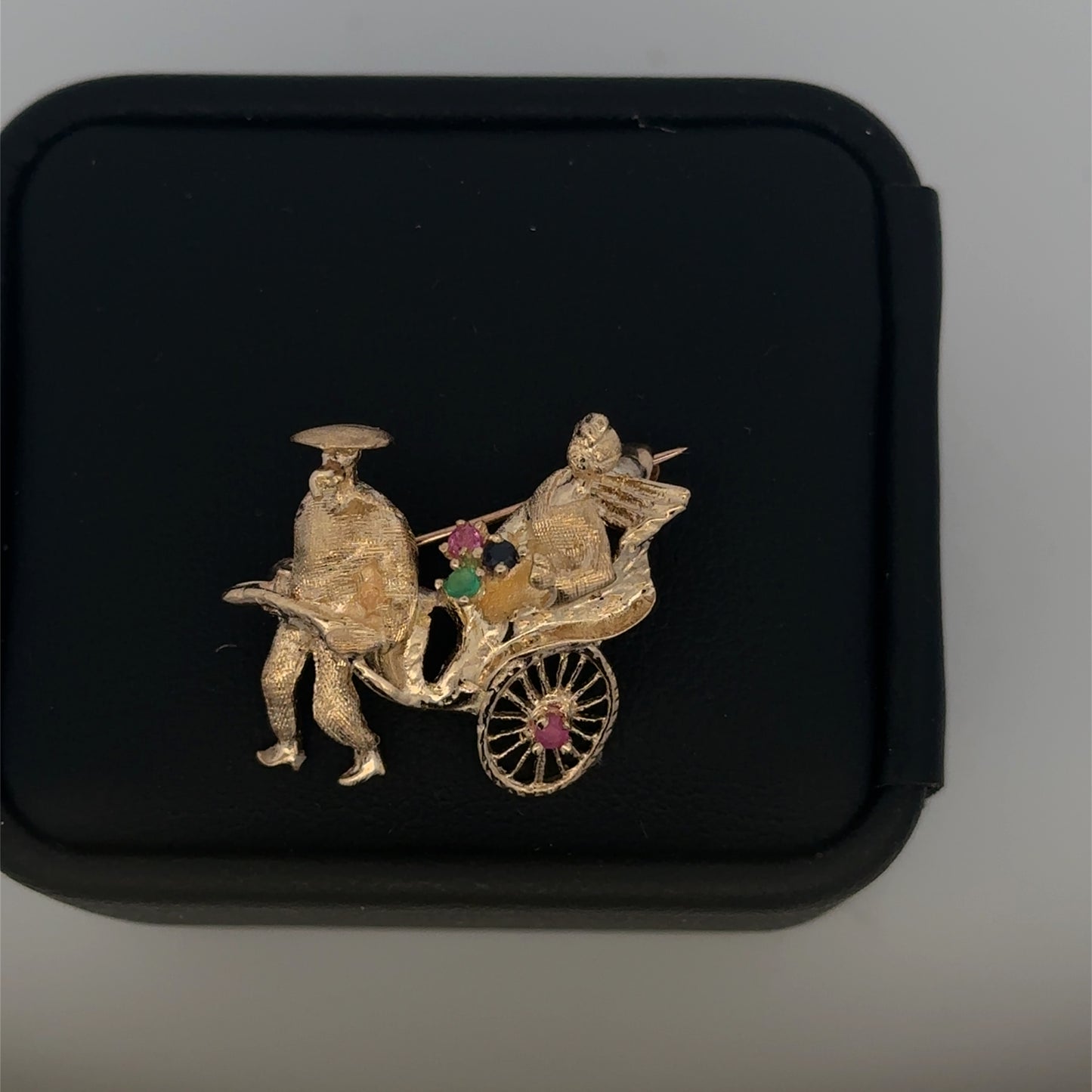 14kt Yellow Gold Rickshaw Pin with Genuine Ruby, Sapphire, and Emerald