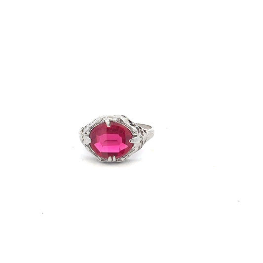 14kt solid white gold antique style red stone ring