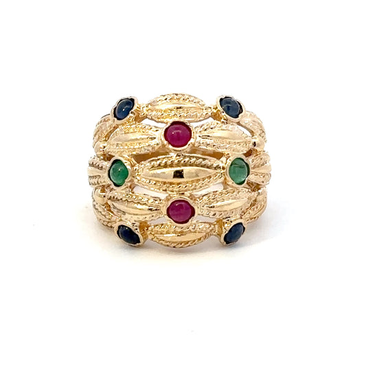 14kt yellow solid gold vintage multi colored stone ring
