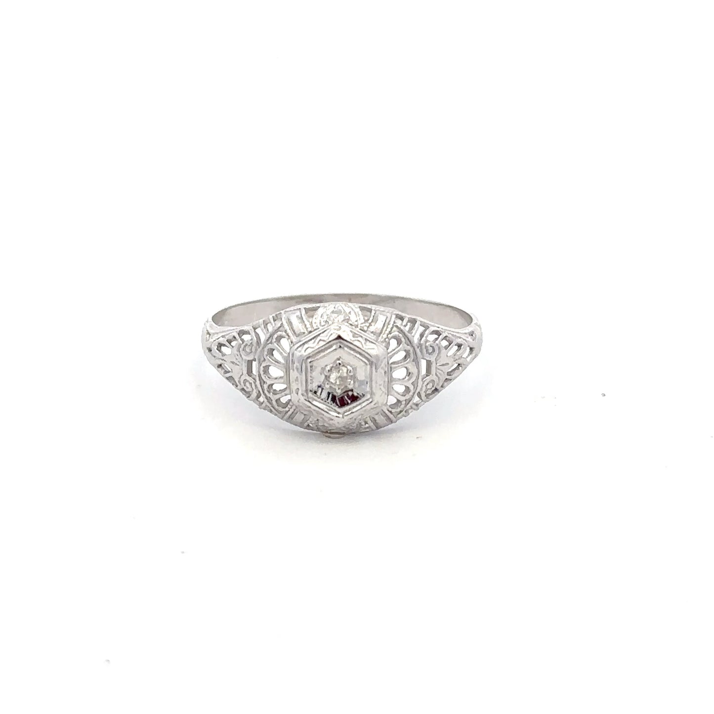 18kt filigree solid white gold ring antique style