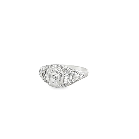 18kt filigree solid white gold ring antique style