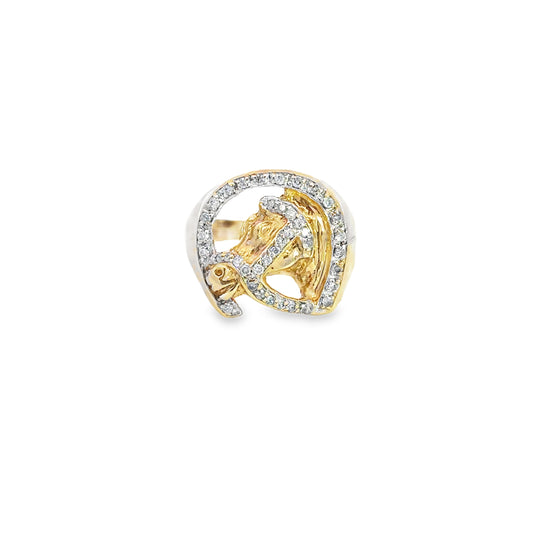 14KT Yellow Solid Gold Ring Horseshoe Horse Head/Diamond