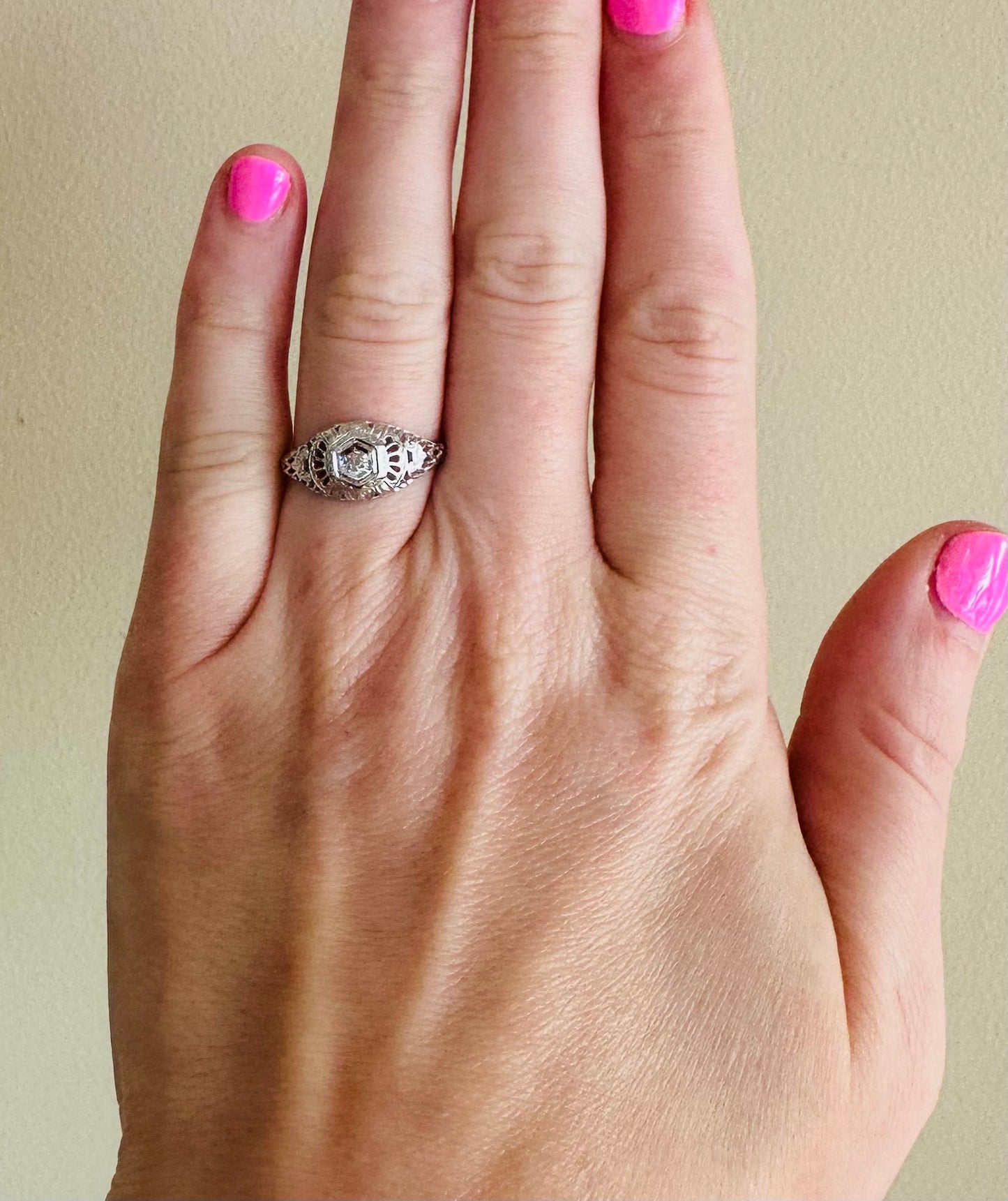 18kt filigree solid white gold ring antique style