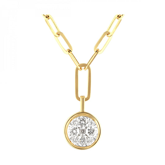 Yellow Gold and Diamond Cluster Pendant with Paperclip Chain