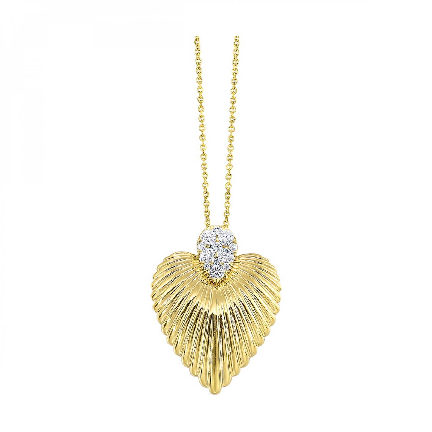 Ridged Diamond Pave Heart Pendant Necklace 14k Yellow Gold