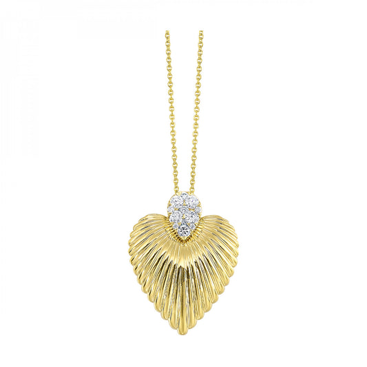 Ridged Diamond Pave Heart Pendant Necklace 14k Yellow Gold