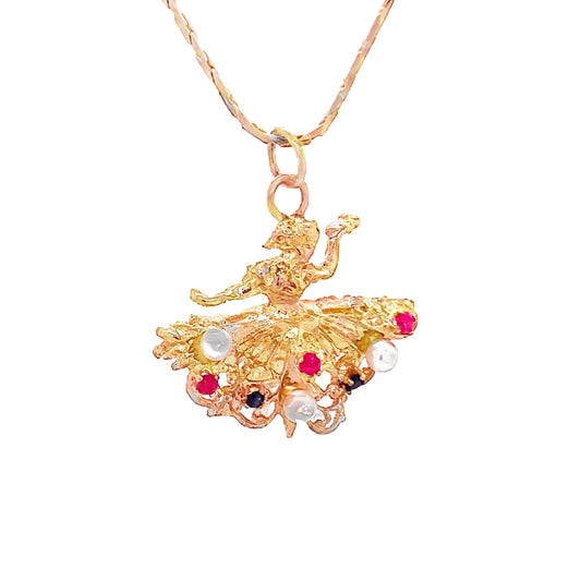 14kt yellow gold Ballerina Charm with Rubies, Sapphires, and Pearls