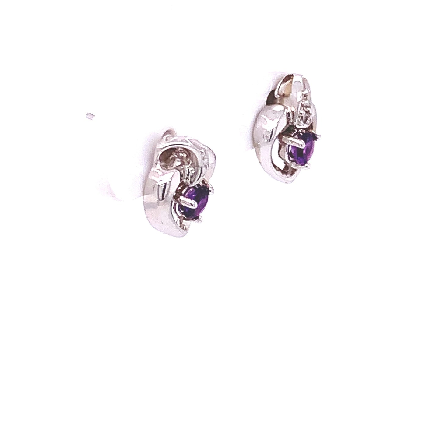 14KT Solid White Gold Heart Stud Earrings with Amethyst and Diamonds