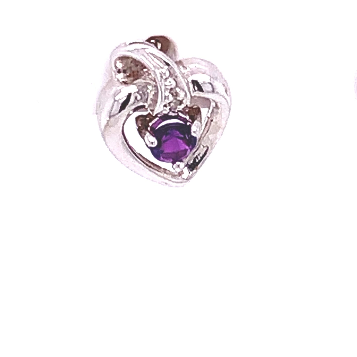 14KT Solid White Gold Heart Stud Earrings with Amethyst and Diamonds