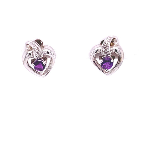 14KT Solid White Gold Heart Stud Earrings with Amethyst and Diamonds