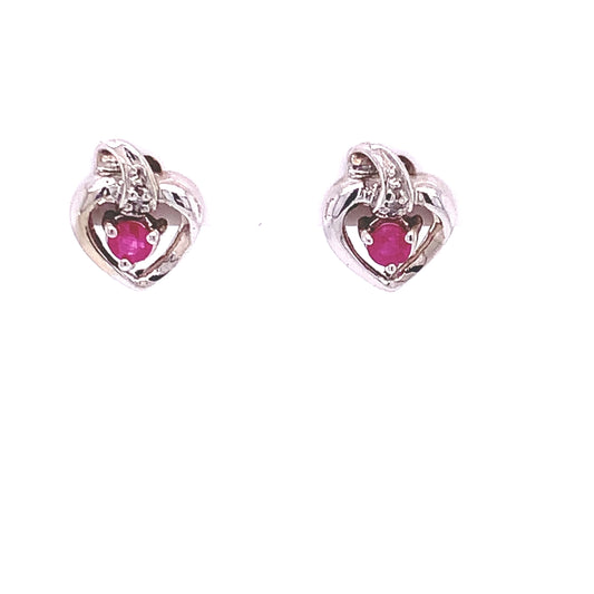 14KT  Solid White Gold Heart Earrings with Genuine Ruby and Diamonds