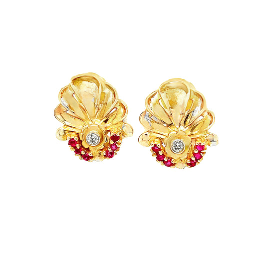 18KT Yellow Gold French Clip Ruby and Diamond Earrings