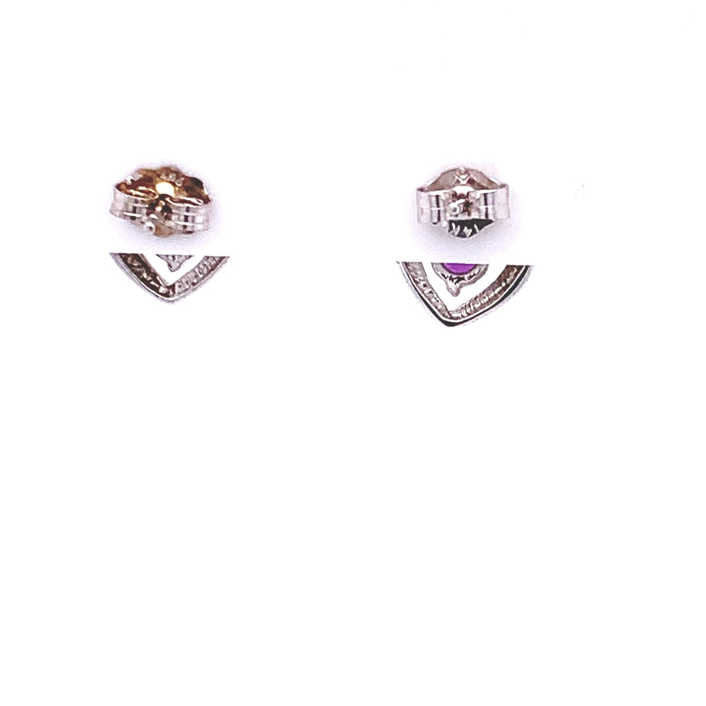 14KT Solid White Gold Heart Stud Earrings with Amethyst and Diamonds