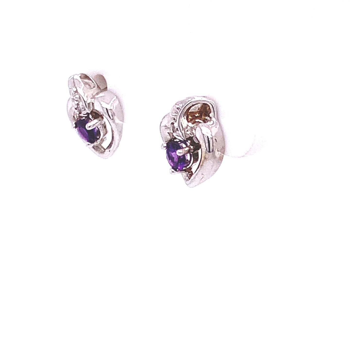 14KT Solid White Gold Heart Stud Earrings with Amethyst and Diamonds