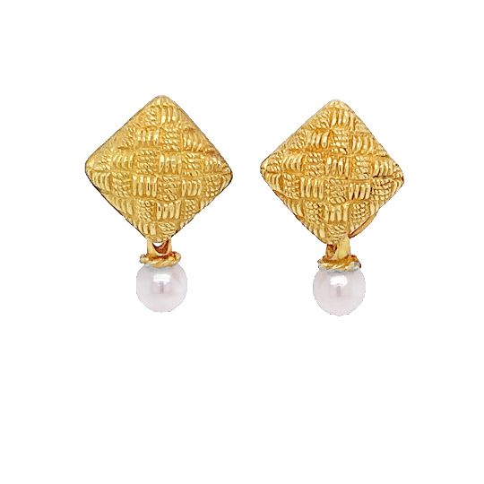 8kt Yellow Gold Earrings with Woven Square with Dangle Pearls